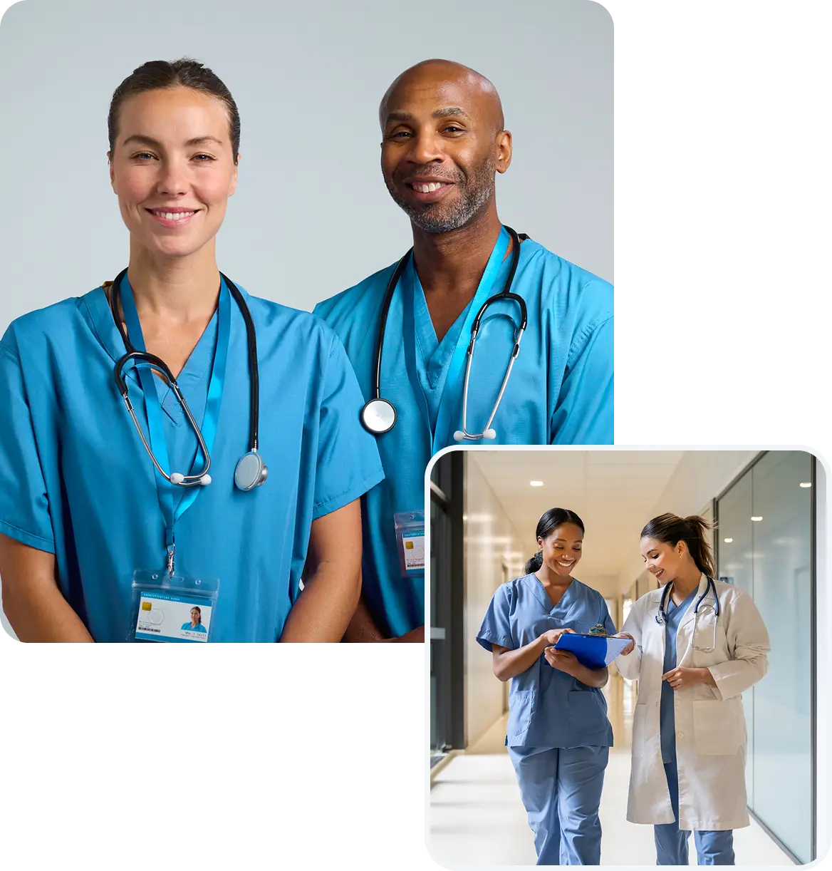 Group of three doctors in scrubs and stethoscopes standing next to each other, and looking at the camera