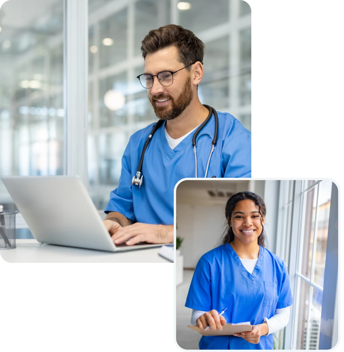 Man and woman in scrubs working on a laptop computer